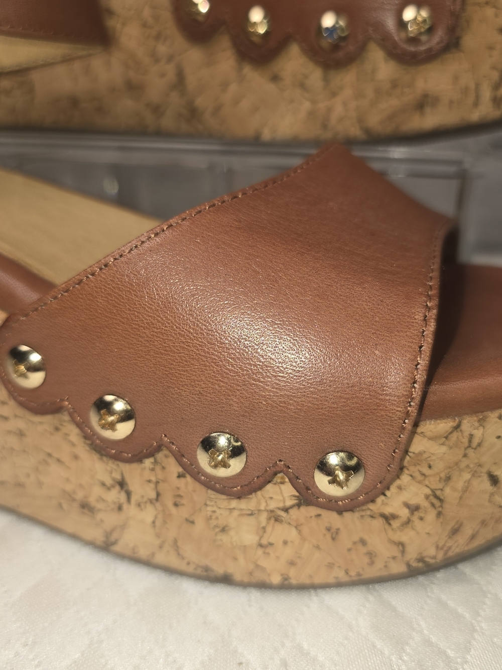 BUSSOLA MANSFIELD PLATFORM WEDGE SANDAL BROWN LEATHER CORK WOMENS 38 - Picture 2 of 14